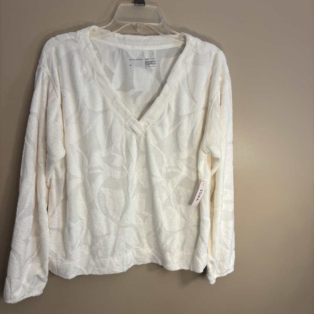 NWT Soma 24/7 Jacquard Terry V-Neck Sweatshirt Cream Women's M